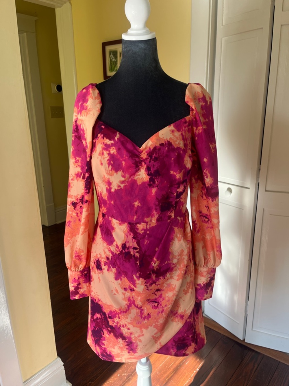 Bar III Fuchsia and Peach Tie-Dye Long Sleeve Mini Dress